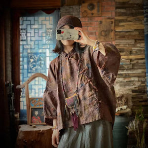 100 Percent Linen Vintage Chinese Women Tunic Shirt with Floral Print, linen women Shirt Jacket 231042a