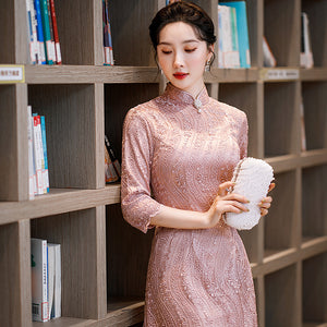 Lace Cheongsam Midi Dress with Half Sleeves STC8031