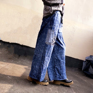 Patchwork Style Designer Jeans Culotte Women in Asymmetric Design, Cropped Pants Women Summer, Wide Leg Pants Linen 231833k