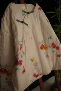 Linen Cotton Women Quilted Chinese Pullover with Vintage Floral Print and Traditional Chinese Buttons 2401117w