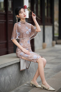 Luxury Lace Cheongsam Midi Dress with Cape HQ209S