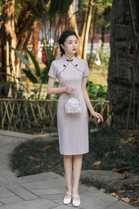 Striped Daily Cheongsam Midi Dress with Short Sleeves HQ2561