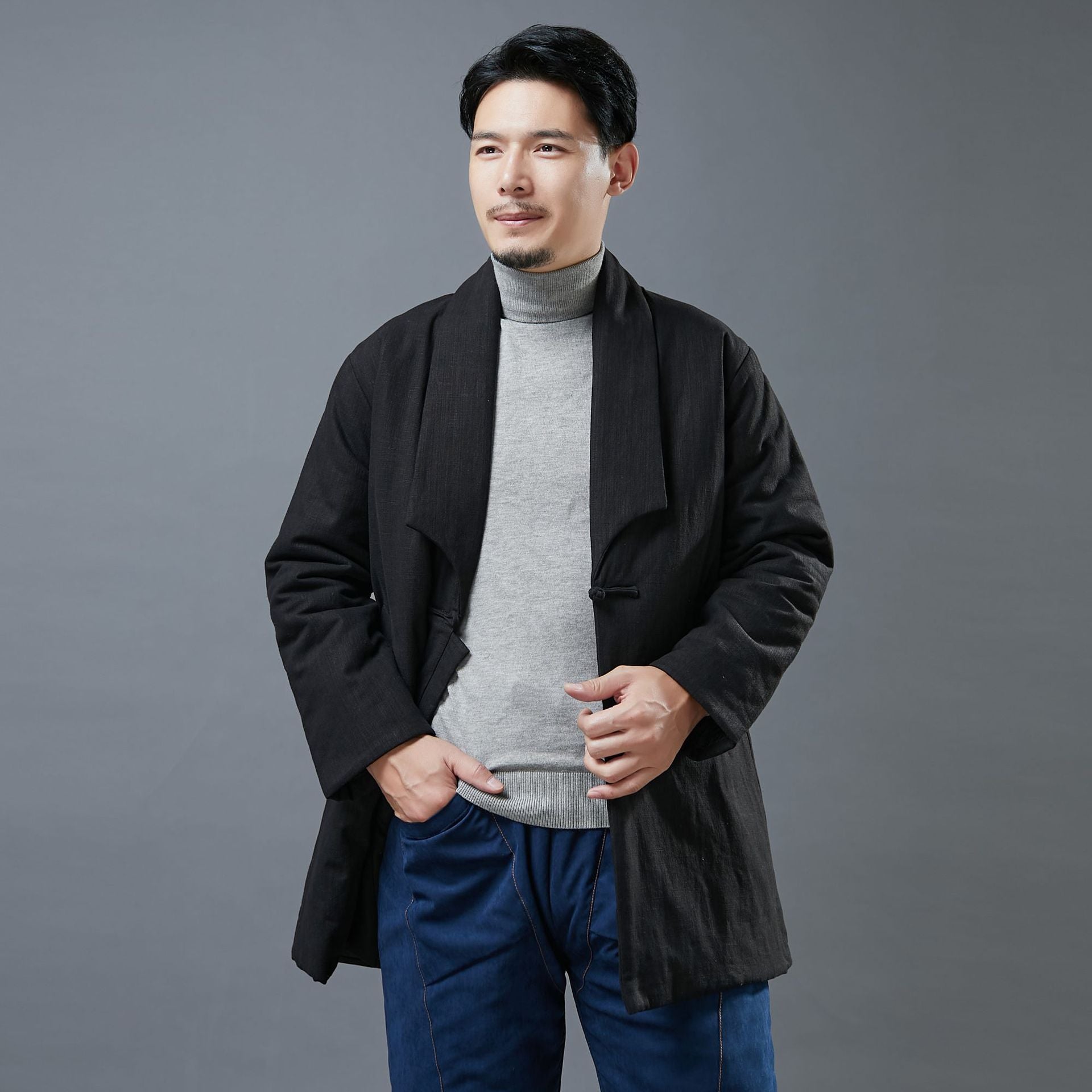 Ramie Linen Men Thick Quilted Coat with Hanfu Details 221923m