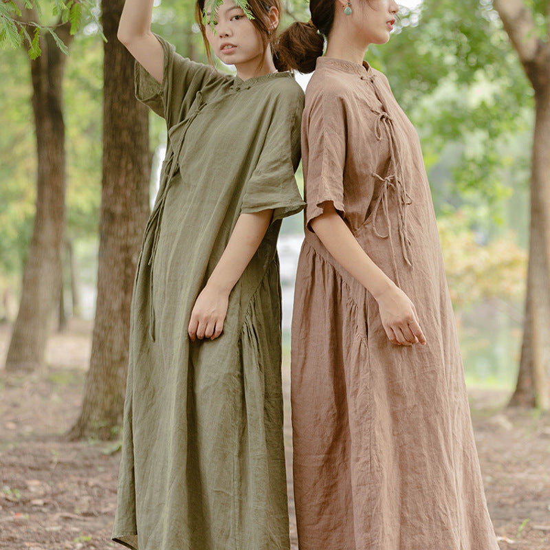 100% Linen Women Onepiece Dress with Traditional Buttons and Embroidery 221709a