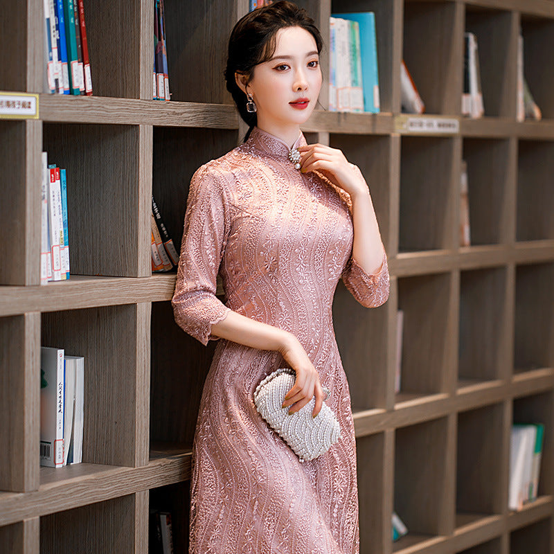 Lace Cheongsam Midi Dress with Half Sleeves STC8031