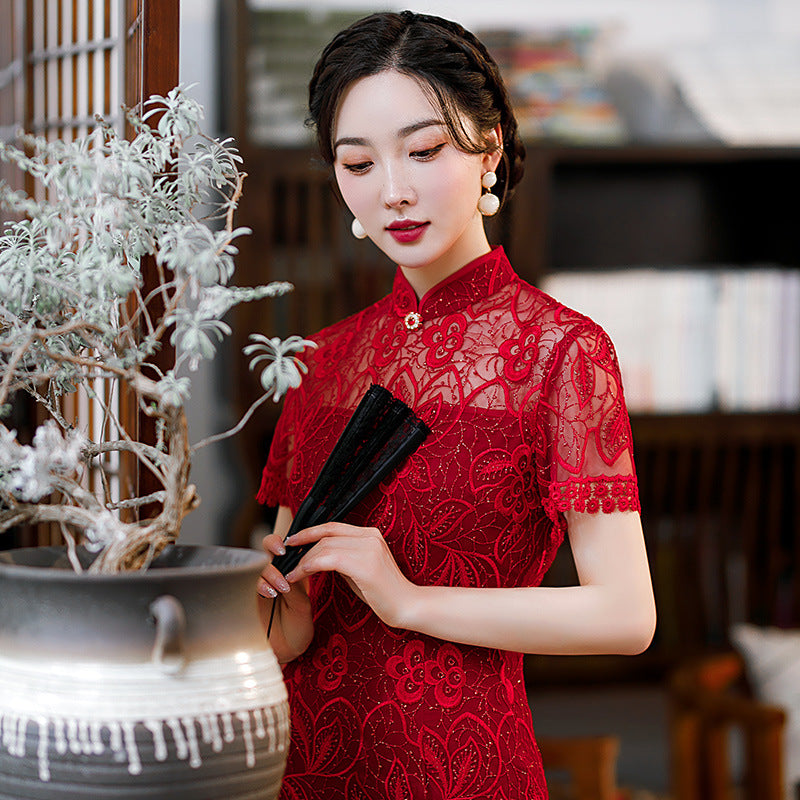 Red Lace Cheongsam Wedding Dress, Party Dress with Short Sleeves STB1021