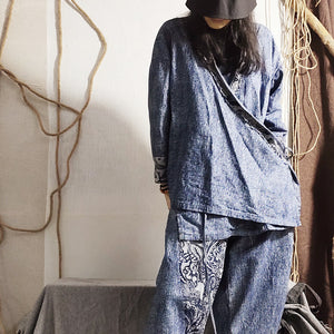 Patchwork Women Jeans Jacket in Ragged Style with Hanfu Elements, Women Jeans Culottes, Women Jeans Kimono 231711k