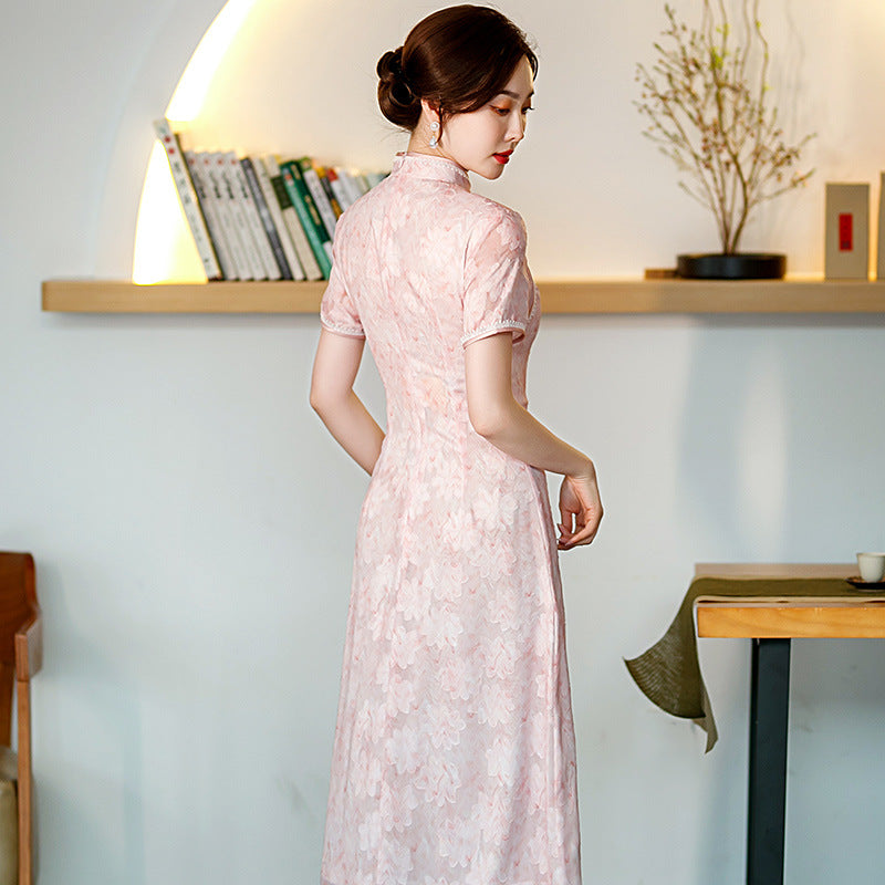 Pink Floral Print Cheongsam Midi Dress with Short Sleeves STB2076