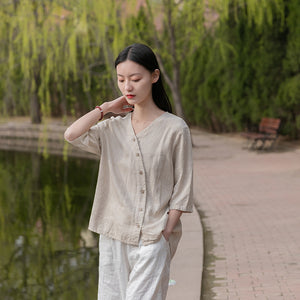 Linen Cotton Women Blouse with Half Sleeves  210621c