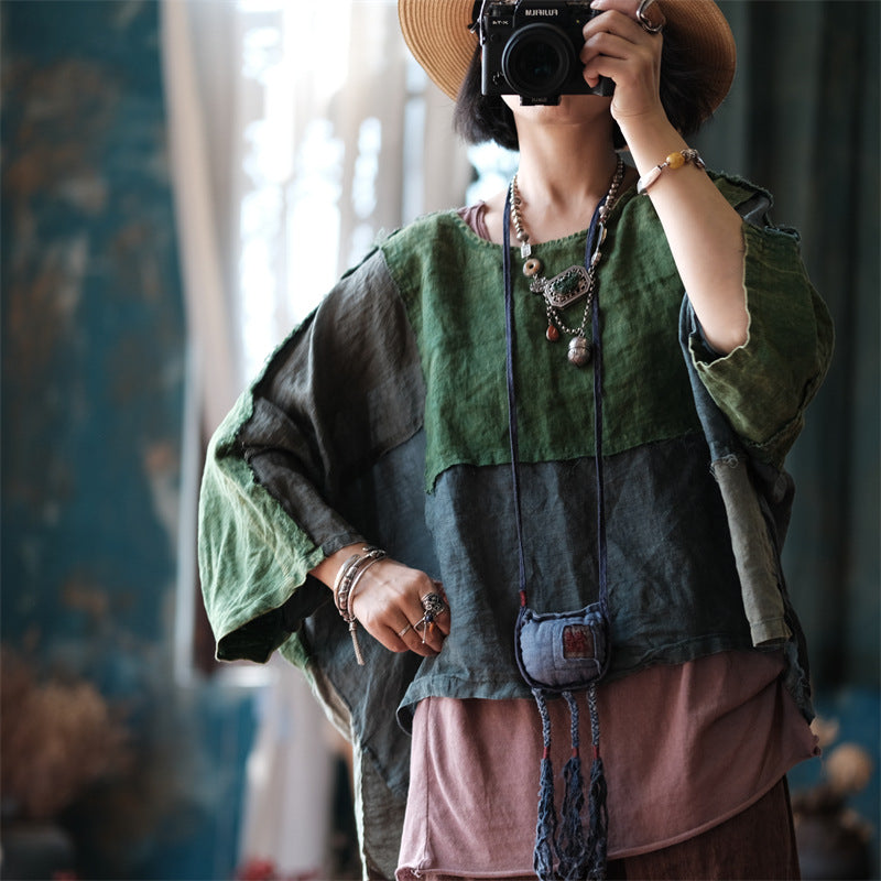 100% Linen Women Blouse in Patchwork Style, linen Tunic women in Chinese Traditional Style, linen HomeWear 231923t