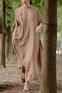 100% Linen Women Onepiece Dress with Traditional Buttons and Embroidery 221709a