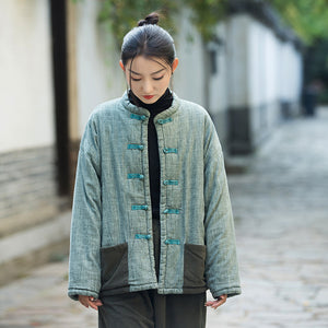 Linen Cotton Women Quilted Jacket with Cord Pockets, Chinese style Hanfu 221412g