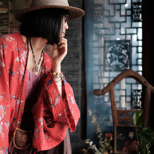 100% Linen Vintage Chinese Women Long Jacket with Raw Hemming and Floral Print, linen women Shirt Jacket 231907t
