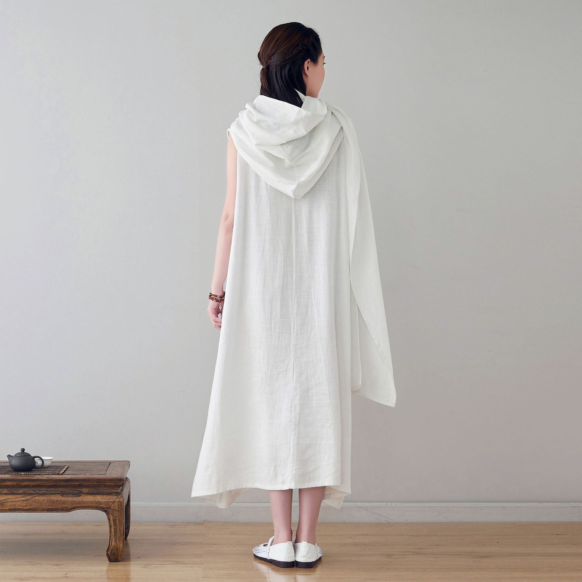 Leinen-Baumwollkleid mit Kapuze, Leinen-Hoodie-Kleid LIZIQI inspiriert 220521c
