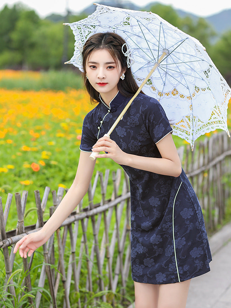 Floral Print Cheongsam Mini Dress with Short Sleeve HQ2119
