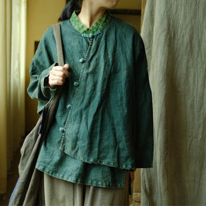100% Linen Vintage Style Women Shirt with Asymmetric Design 231340h