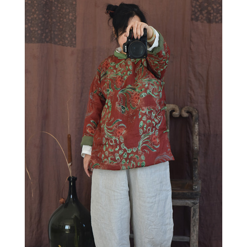 Linen Cotton Women Quilted Chinese Hanfu Pullover with Vintage Print and Traditional Chinese Buttons 230516w