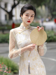 Layered Lace Cheongsam Midi Dress with Half Sleeve HQ2999