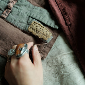 100% Linen Vintage Style Women Shirt Open Jacket with Patchwork Design 231349h