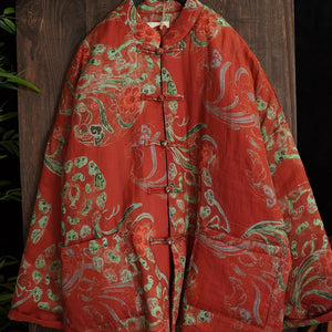 Linen Cotton Women Quilted Chinese Pullover with Vintage Floral Print and Traditional Chinese Buttons 240130w