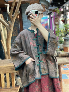 100 Percent Linen Vintage Chinese Women Jacket with Floral Print, linen women Shirt Jacket 231632a