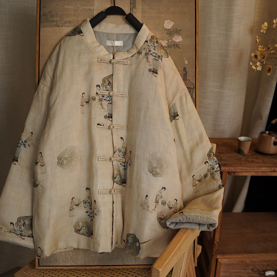 100% Linen Women Quilted Chinese Jacket with Vintage Print and Traditional Chinese Buttons 240107w
