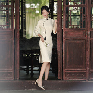 Tassel Lace Cheongsam Midi Dress with Half Sleeves HQ2337