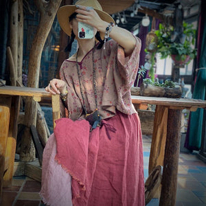100% Cotton Women Loose Tunic Pullover Sweater with Floral Print 231958