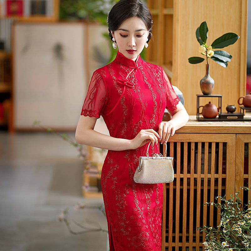 Red Lace Cheongsam Wedding Dress, Party Dress with Short Sleeves STB2132