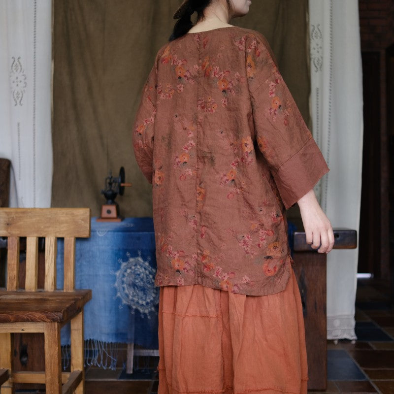 Linen Women Loose Tunic with Floral Print 230049a