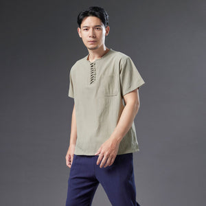 Herren T-Shirt aus Baumwolle und Leinen im Hanfu-Stil 070621b