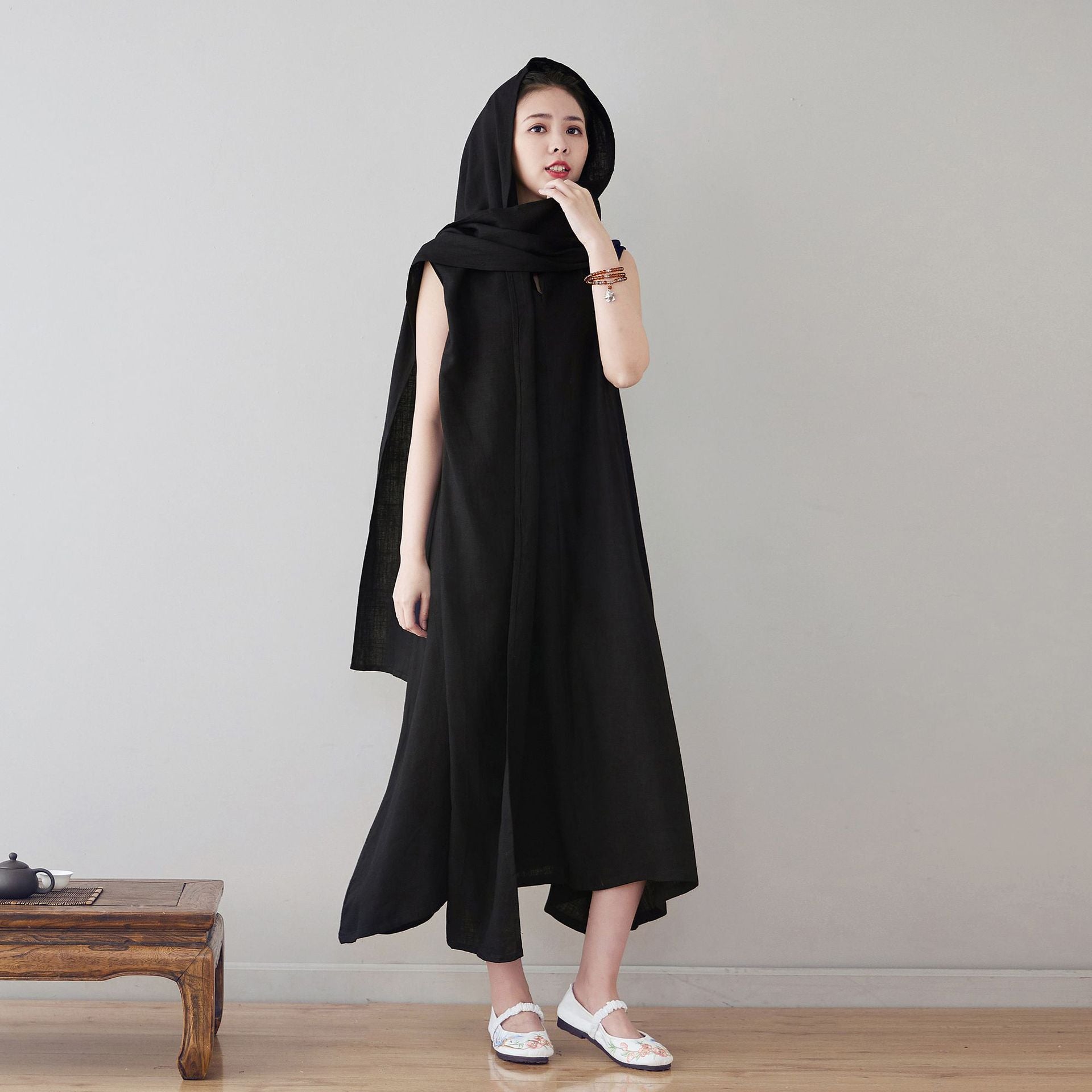 Linen Cotton Dress with Hood, Linen Hoodie Dress LIZIQI inspired 220521c