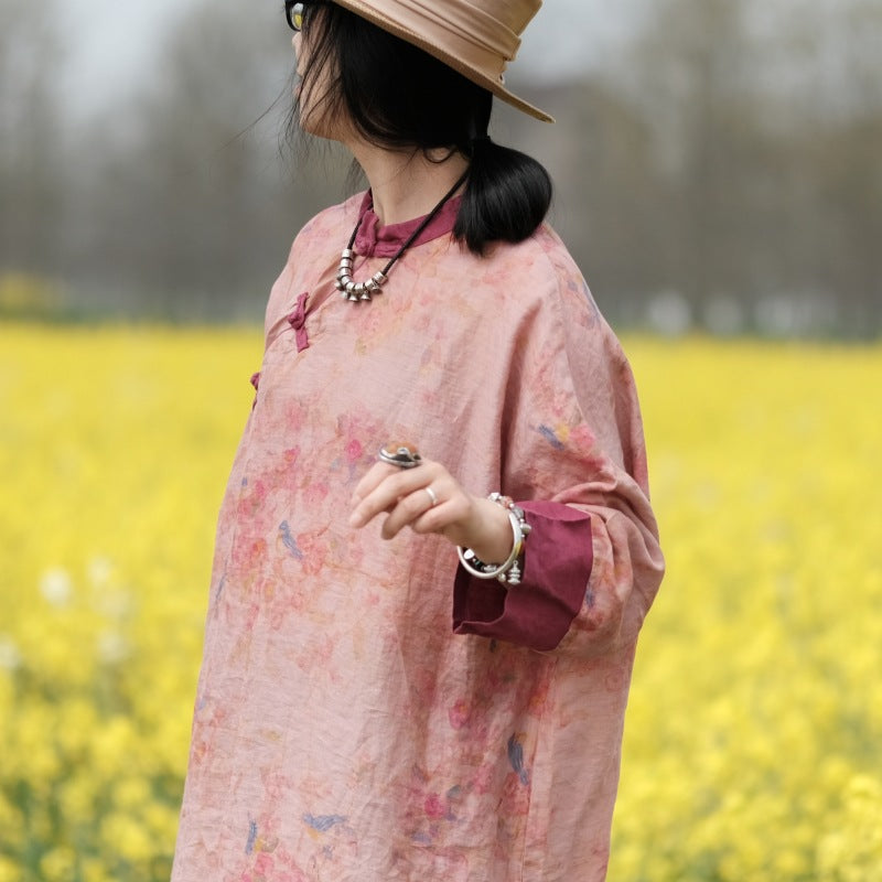 100% Linen Women Tunic with Floral Pattern in Hanfu Style, Linen Dress 232333s