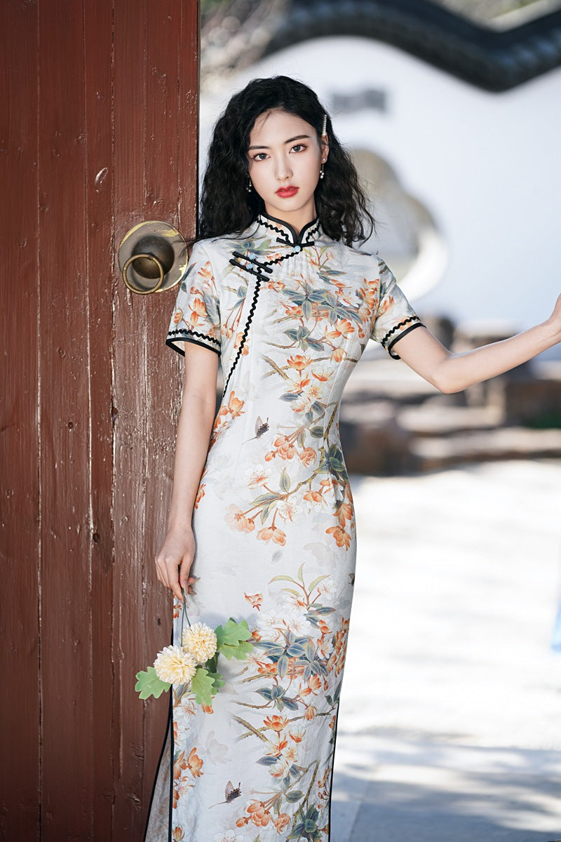 Tencel Cotton Maxi Cheongsam Dress with Short Sleeves HQ2235