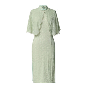 Luxury Lace Cheongsam Midi Dress with Cape HQ209M