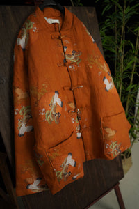 Linen Cotton Women Quilted Chinese Jacket with Crane Print and Traditional Chinese Buttons 240109w
