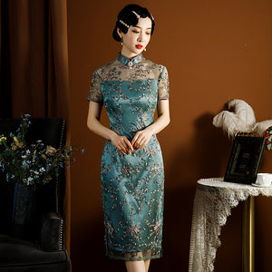 Vintage Green Lace Cheongsam Midi Dress with Short Sleeves STB1051
