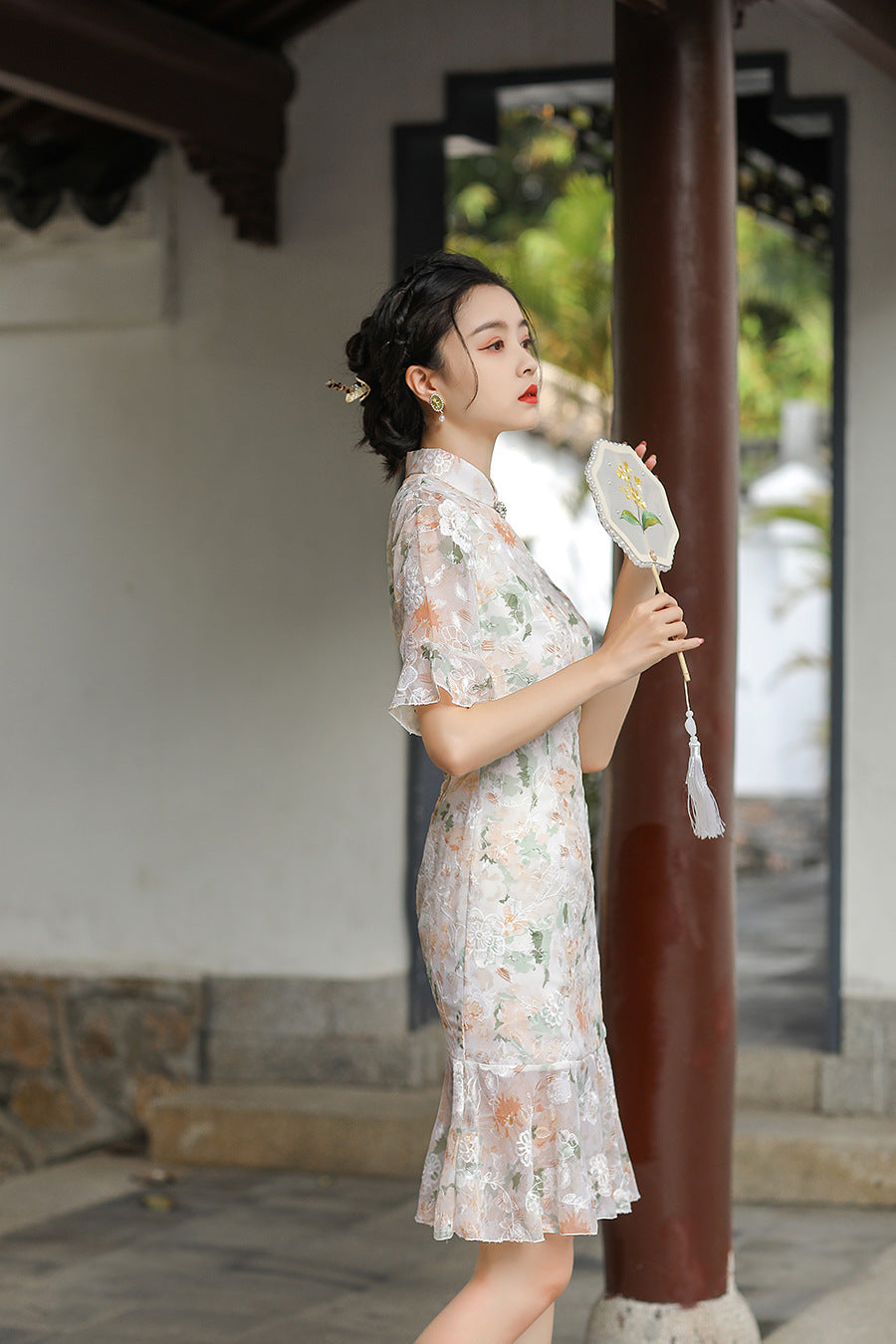 Floral Lace Cheongsam Midi Dress with Half Sleeve HQ2990