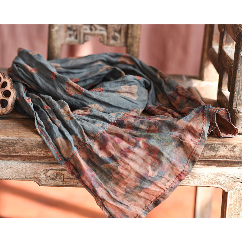 100% Rami Linen Scarf with Retro Print and Hand Sewing 190 36 231120a