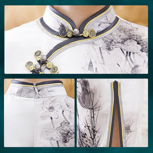 Lotus Print Cheongsam Midi Dress with Short Sleeves STB1058