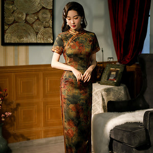 Vintage Printed Cheongsam Maxi Dress with Short Sleeve STC2007