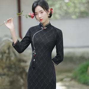 Tassel Lace Cheongsam Midi Dress with Half Sleeves HQ2337