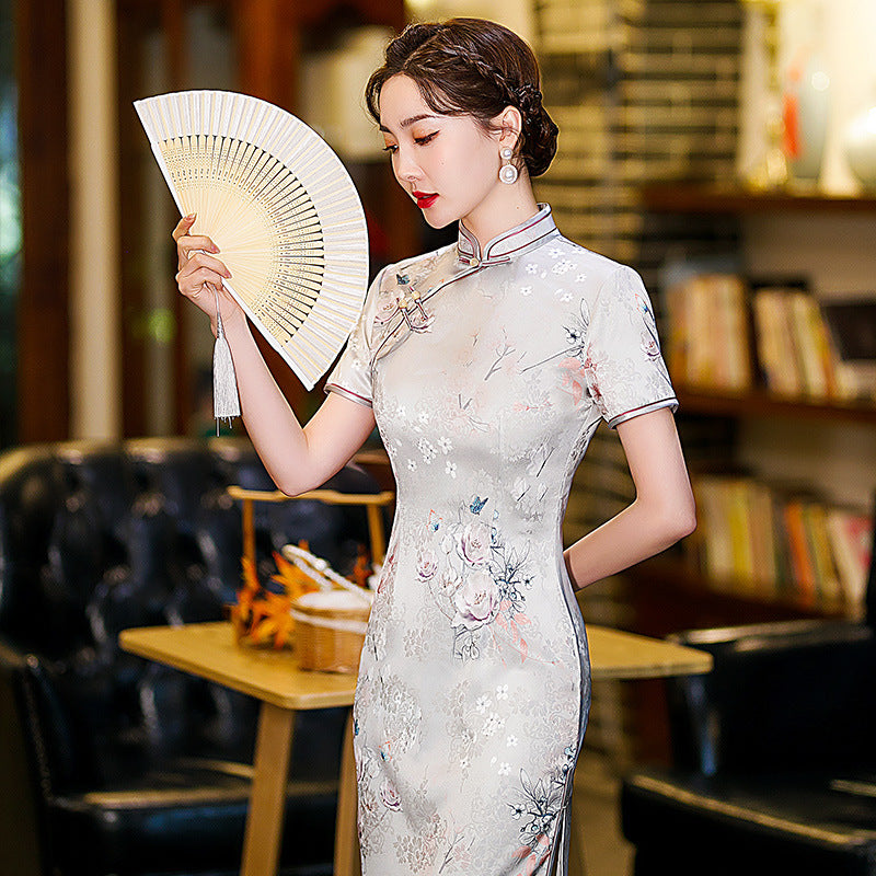 Floral Printed Cheongsam Midi Dress with Short Sleeves STB2052
