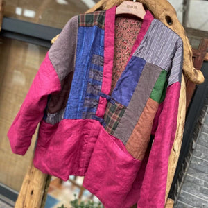 100% Linen Double Layered Women Jacket with Patchwork Style and Pockets, Linen women blouse 230511w