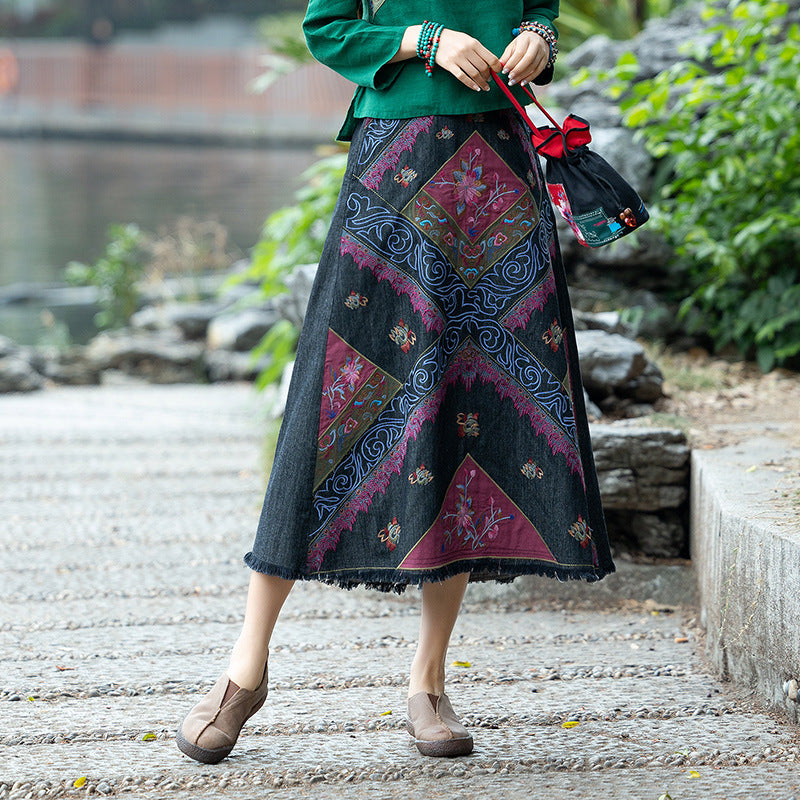 Patchwork Maxi Skirt with Yunnan Embroidery 220129b