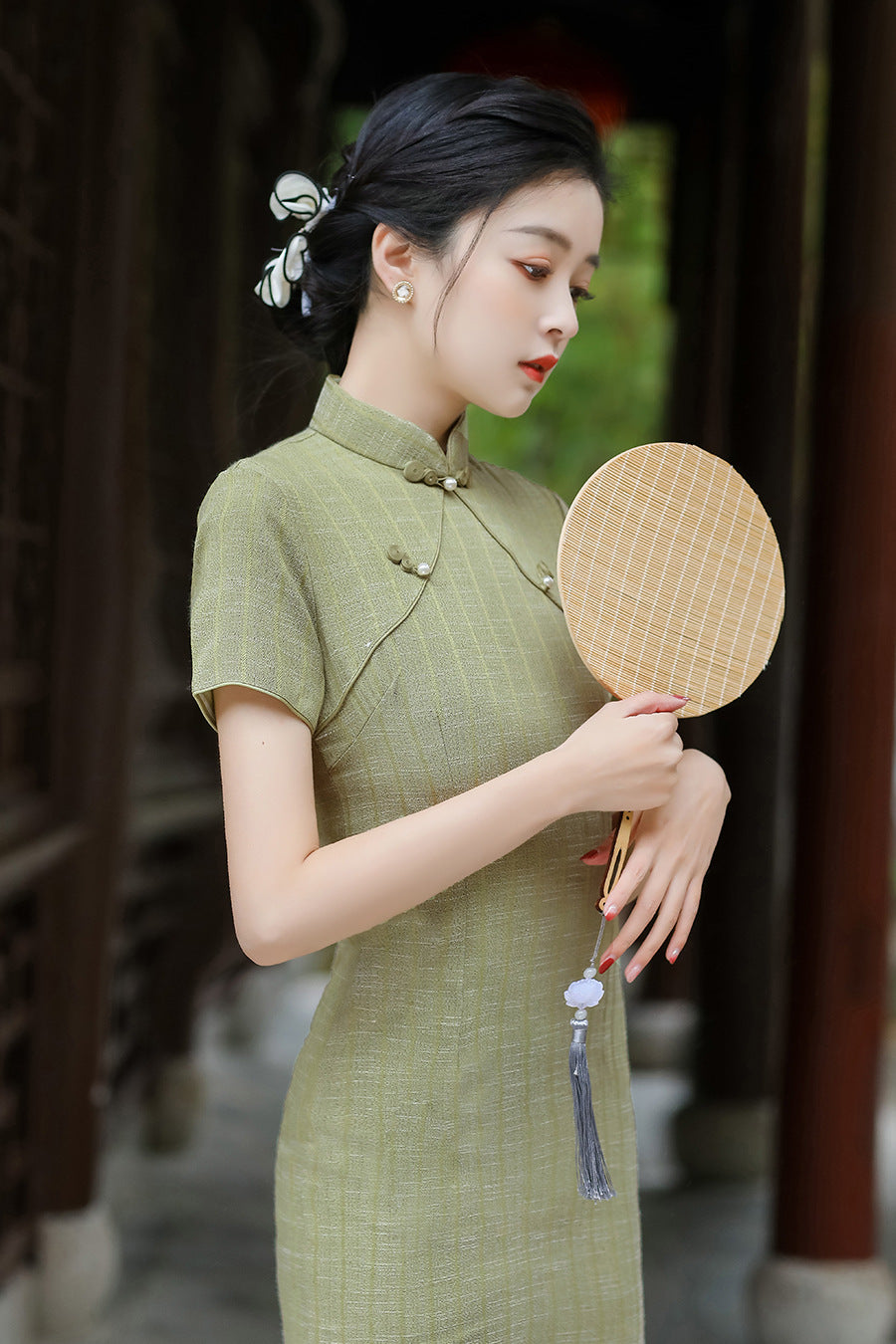 Striped Daily Cheongsam Midi Dress with Short Sleeves HQ2561
