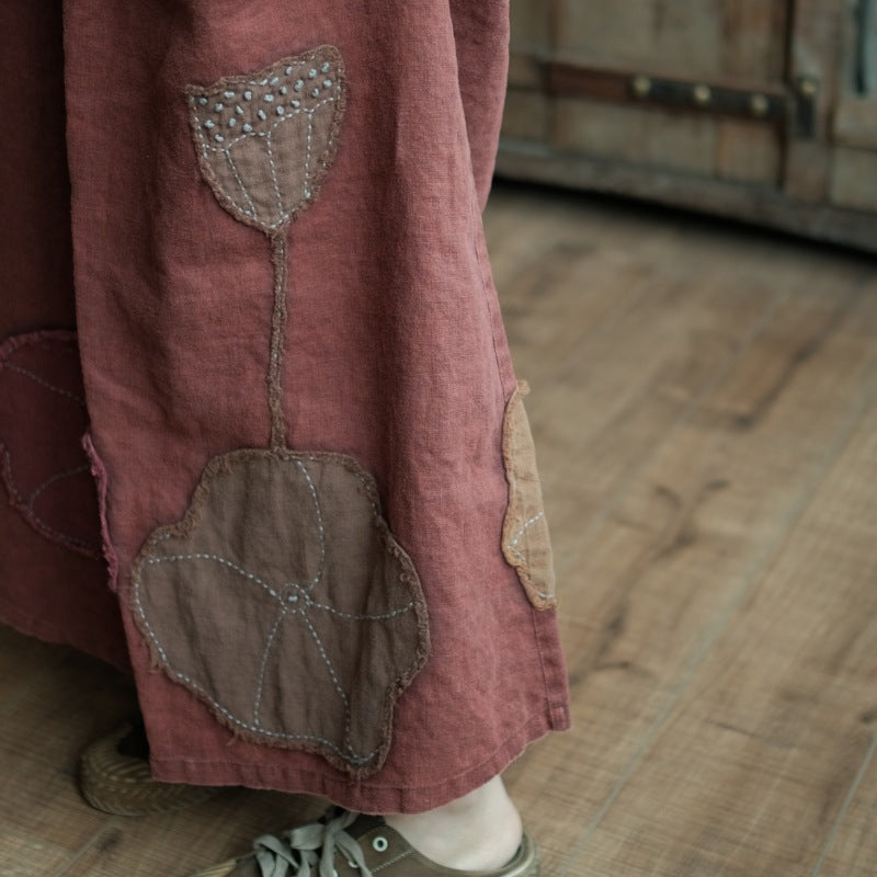 100% Linen Maxi Skirt with Hand Sewed Lotus Details , cotton summer skirt, liziqi skirt, midi skirt summer, maxi skirt summer 231838s