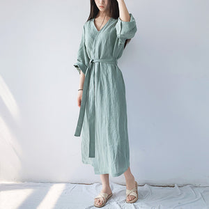 100 Percent Ramie Linen Wrap Dress with Belt and V Neck, Blouse Dress Tunic 231846s