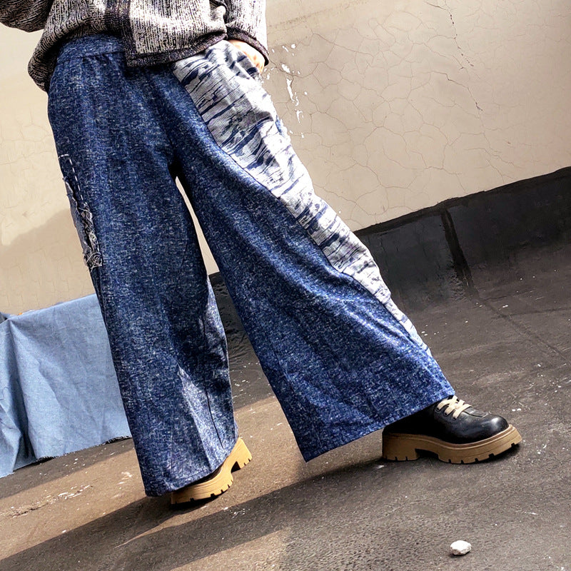 Patchwork Style Designer Jeans Culotte Women in Asymmetric Design, Cropped Pants Women Summer, Wide Leg Pants Linen 231833k