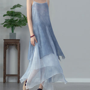 Tie Dyed Fairy Max Dress with spaghetti String, cotton women dress in gradient color 180422d